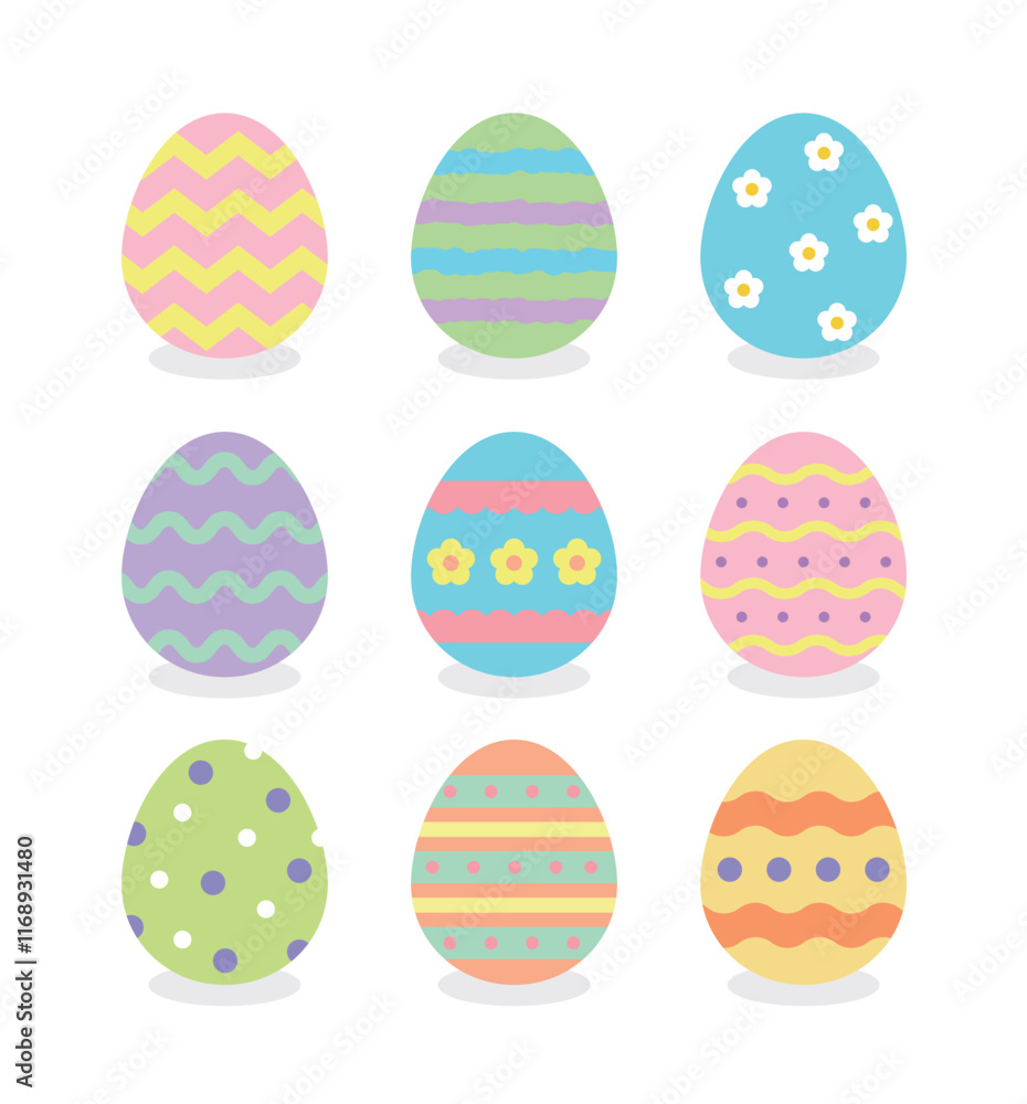 A set of illustrations of eggs used in Christian Easter ceremonies. Eggs with various patterns painted on them are exchanged to celebrate the resurrection and bless the other person.