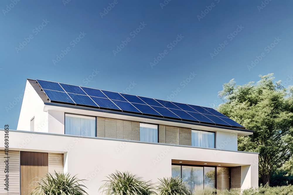 A modern house with solar panels on the roof, sunny day, green energy and sustainability A modern house with solar panels on the roof, sunny day, green energy and sustainability