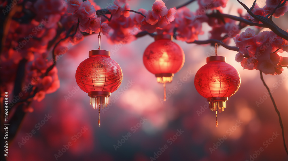 Hanging red Chinese lanterns surrounded by cherry blossoms, symbolizing beauty, harmony, and prosperity for traditional Chinese New Year cultural celebrations and festive themes. Hanging red Chinese lanterns surrounded by cherry blossoms, symbolizing beauty, harmony, and prosperity for traditional Chinese New Year cultural celebrations and festive themes.