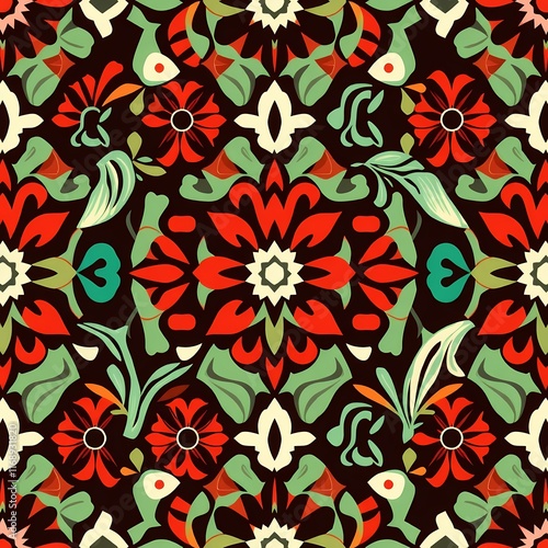 Floral Mandala Seamless Pattern: A mesmerizing tapestry of vibrant red and green floral motifs, intricately woven into a captivating mandala design.