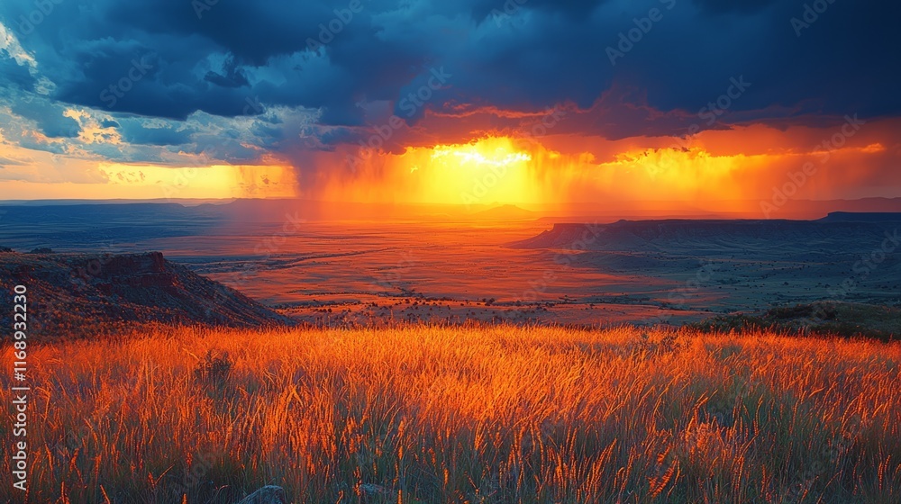 Fototapeta premium Dramatic sunset over a vast, grassy plain with a stormy sky.