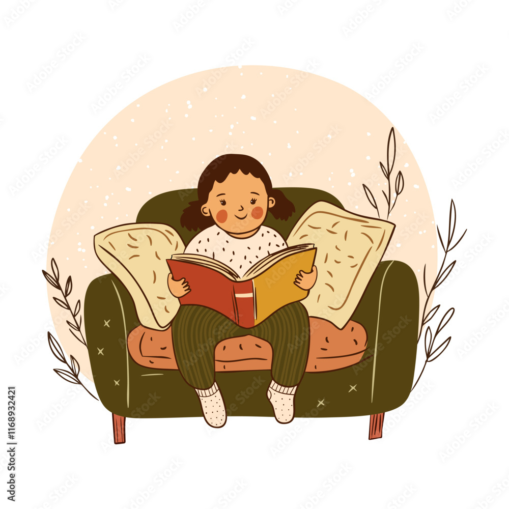 Fototapeta premium Child Reading a Book on a Sofa