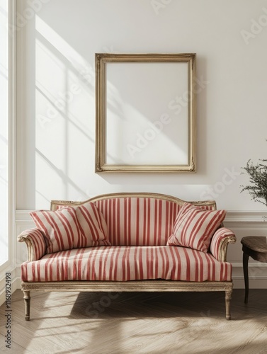 Elegant Striped Sofa With Ornate Frame Above
