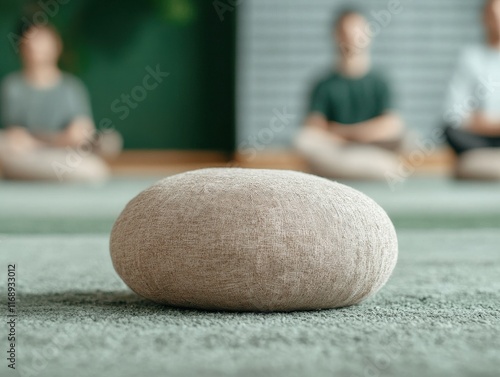 A soft, rounded stone in focus with meditating figures blurred in the background, creating a serene and calming atmosphere. photo