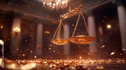 Golden Libra scales in an elegant ballroom setting. Generative AI photo