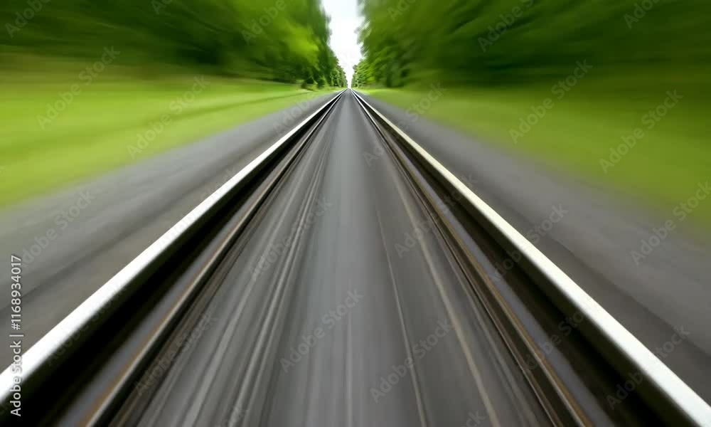 A blurred view of railway tracks stretching into a green landscape. A blurred view of railway tracks stretching into a green landscape.