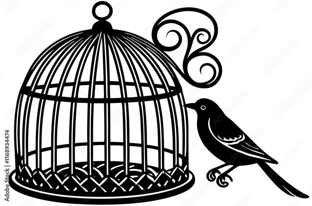 Bird and Birdcage Vector Illustration - Freedom and Captivity Theme Bird and Birdcage Vector Illustration - Freedom and Captivity Theme
