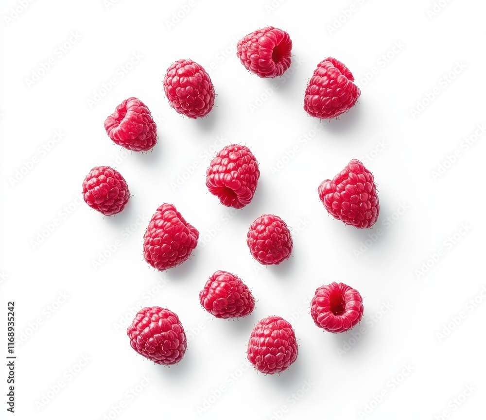 Fresh and Juicy Raspberries Arranged Artistically on a White Background, Perfect for Healthy Eating Concepts and Fruit Recipes in Stock Photography Fresh and Juicy Raspberries Arranged Artistically on a White Background, Perfect for Healthy Eating Concepts and Fruit Recipes in Stock Photography
