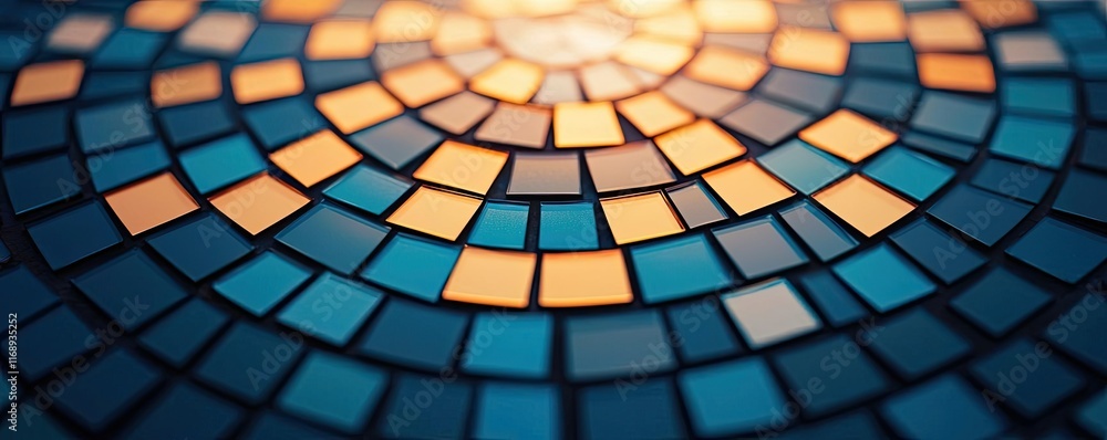 Mosaic abstract background idea. Vibrant mosaic design featuring blue and orange tiles in a circular pattern. Mosaic abstract background idea. Vibrant mosaic design featuring blue and orange tiles in a circular pattern.