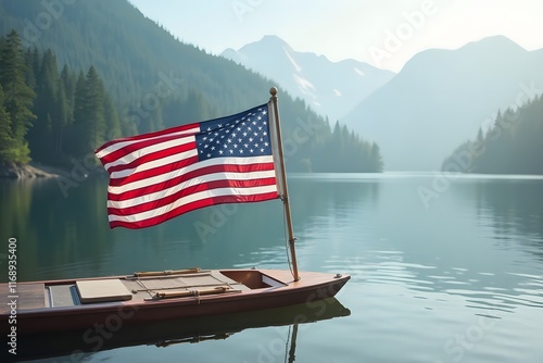 The American flag on a boat docked at a serene lake, reflecting in the water.