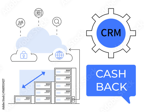 Cloud servers growing with increasing data scale, protected by security icons, linked to CRM gear, cash back message. Ideal for data management, cloud services, customer relationship, business