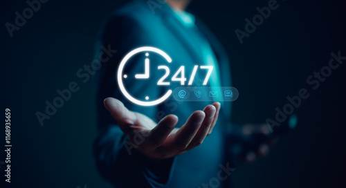 Call center support holding 24-7 icon for worldwide nonstop and full-time available contact of service concept. Assistance customer services, delivery. Technician ready for service 24 hours photo