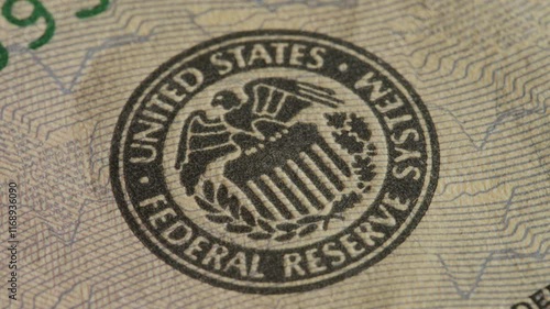 United States Federal Reserve seal close up of US Dollar note. United States financial system concept.