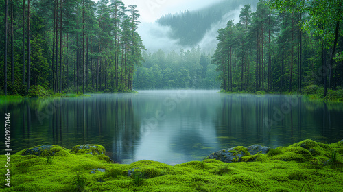 Serene lake with reflections, surrounded by mist-covered forest