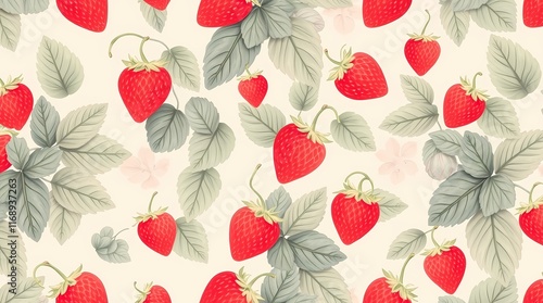 Strawberry Delight: A whimsical and delightful seamless pattern featuring fresh, juicy strawberries with delicate leaves, perfect for adding a touch of summer sweetness to any design project.