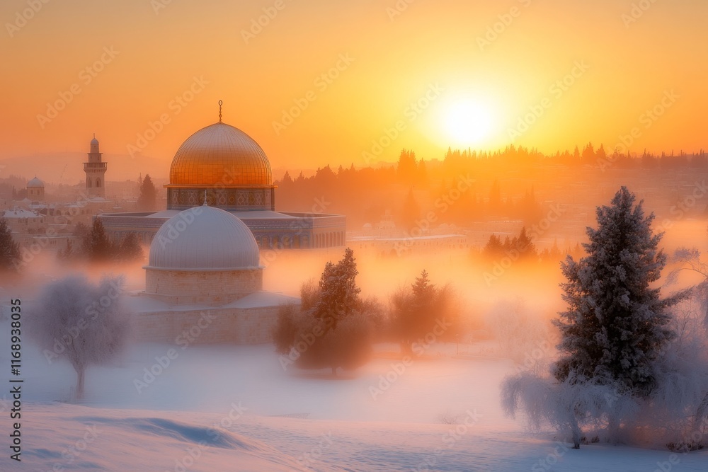 Obraz premium A peaceful sunrise over the Temple Mount, with the golden dome shining brightly and the Old City waking up