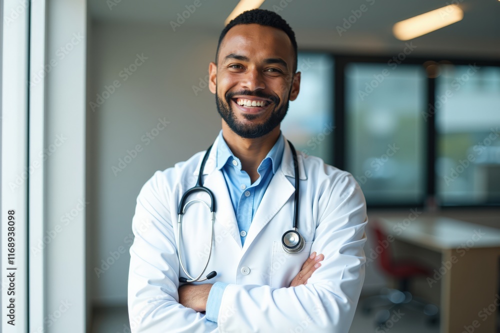 Confident Doctor Smiling in Professional Medical Office Setting, Ideal for Healthcare Marketing or Medical Website Design Confident Doctor Smiling in Professional Medical Office Setting, Ideal for Healthcare Marketing or Medical Website Design