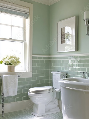 Elegant Green Bathroom With White Fixtures And Decor