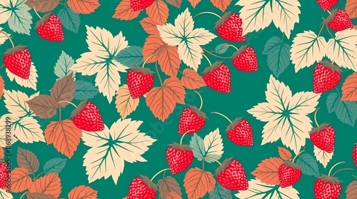 Strawberry Fields Forever: A vibrant and whimsical seamless pattern featuring ripe strawberries and autumnal leaves on a teal background. Perfect for textile design, wallpaper.
