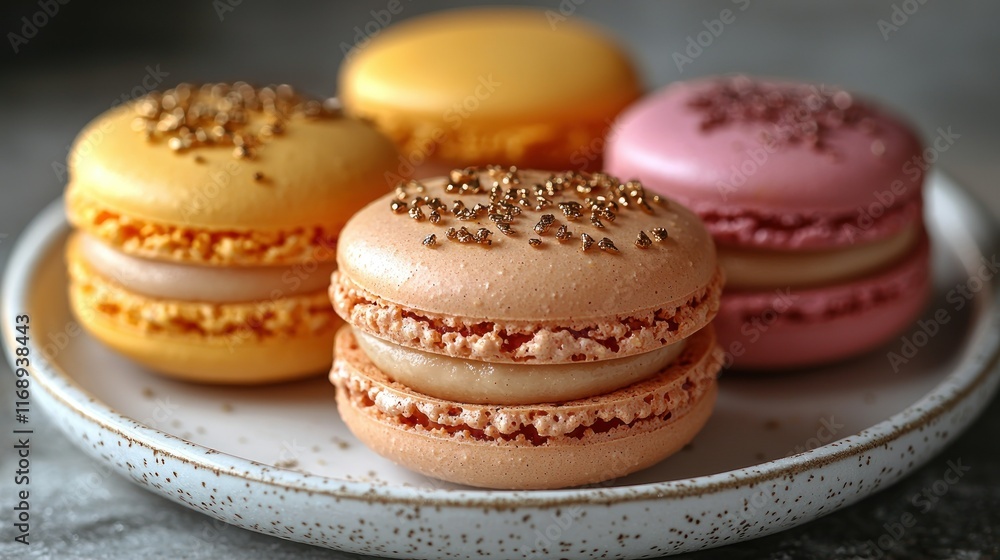 Colorful macarons arranged on a plate. Colorful macarons arranged on a plate.