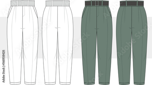 Women's peg pants, carrot pants, detailing of belt and Pleat , design flat sketch fashion illustration front and back view, cad drawing vector template.