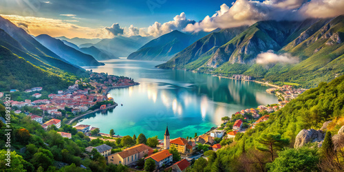 breathtaking view of Kotor, Montenegro, showcasing fjord like bay, vibrant colors, and majestic mountains reflecting in tranquil waters. scene evokes sense of peace and natural beauty photo