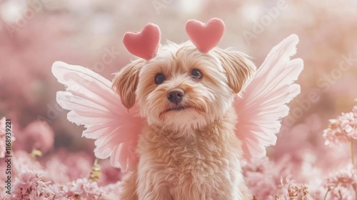 Charming Cupid Dog in Pastel Floral Garden on Valentine s Day photo