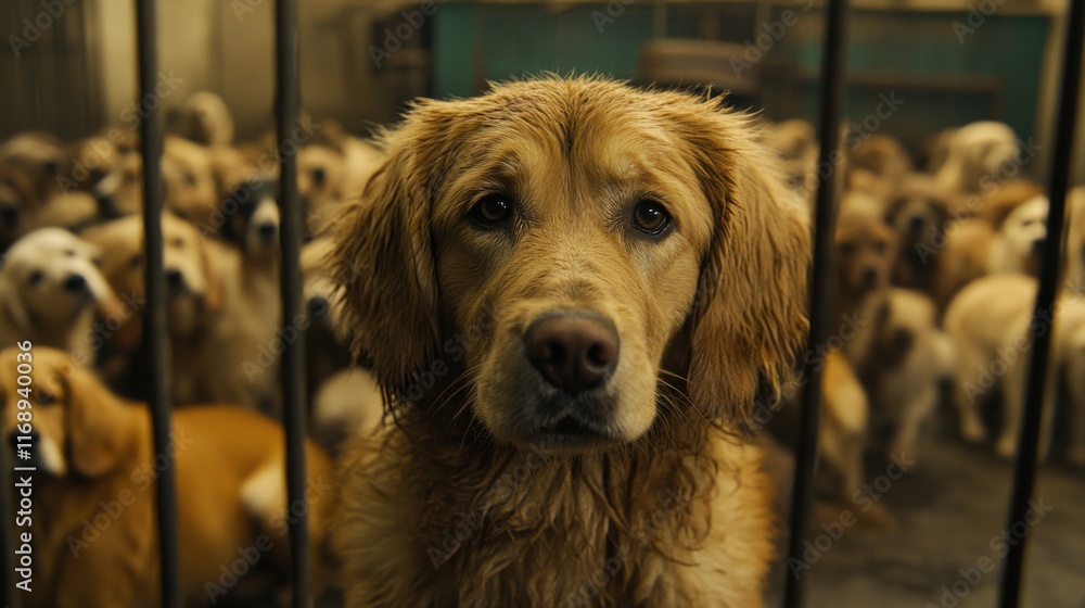 Golden retriever at a shelter looking hopeful amidst a crowd of fellow canines waiting for adoption Golden retriever at a shelter looking hopeful amidst a crowd of fellow canines waiting for adoption