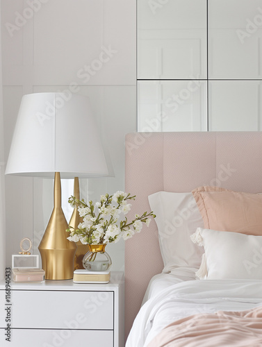 Pink and Gold Bedroom Interior Design. Lamp on bedtable and flowers  photo