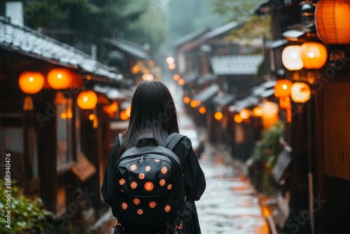 A schoolgirl in a Japanese uniform walking along a quiet street lined with traditional wooden houses photo