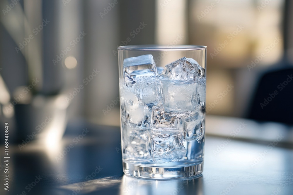 A Glass of Water with Ice Cubes on a Table A Glass of Water with Ice Cubes on a Table