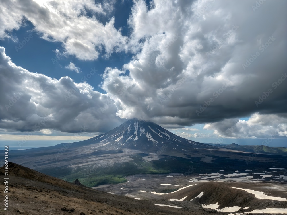 Majestic volcano under dramatic cloudy sky Majestic volcano under dramatic cloudy sky