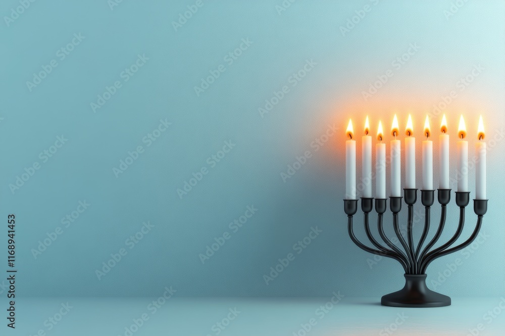 Fototapeta premium A simple flat design of a menorah with glowing candles, placed against a white background
