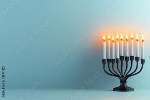 A simple flat design of a menorah with glowing candles, placed against a white background photo