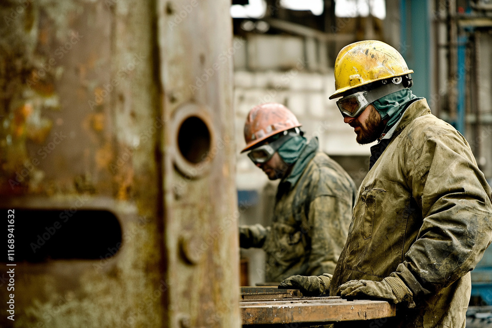 Workers operate in risky production site Workers operate in risky production site