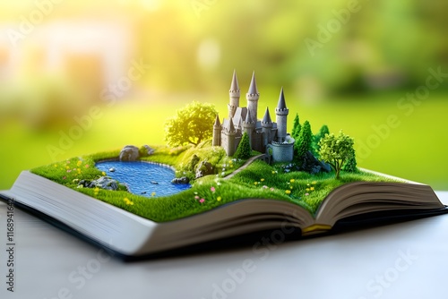 An open book with an illustration of a fantasy world, depicting castles and green landscapes. The background is a blurred landscape of mountains and rivers photo