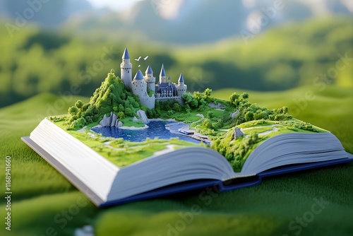 An open book with an illustration of a fantasy world, depicting castles and green landscapes. The background is a blurred landscape of mountains and rivers photo