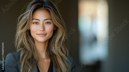 Wallpaper Mural Close-up portrait of a young, attractive Asian woman with long brown hair, smiling gently at the camera. Torontodigital.ca