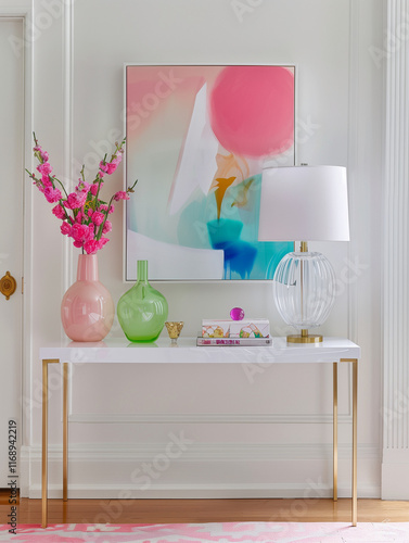 Wallpaper Mural Console Table with Lamp and Decor. Art Work. Interior Design in American Glamour Style. Torontodigital.ca