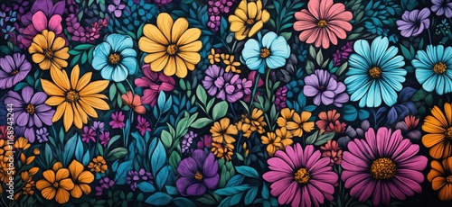 Vibrant Floral Mural with Colorful Flowers and Lush Greenery in Artistic Design, copy space for text