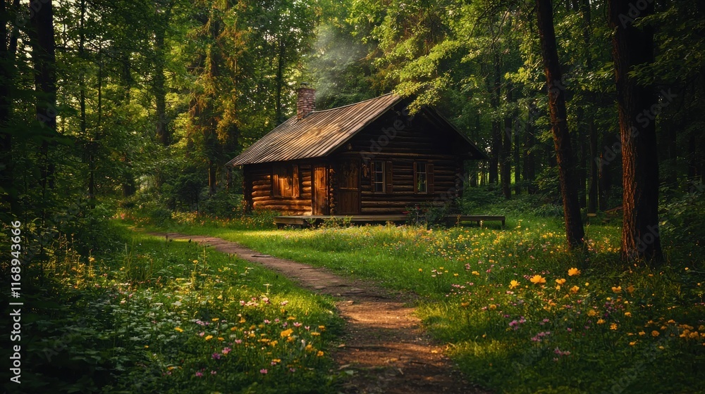 Rustic Log Cabin nestled in a sunlit forest clearing Rustic Log Cabin nestled in a sunlit forest clearing