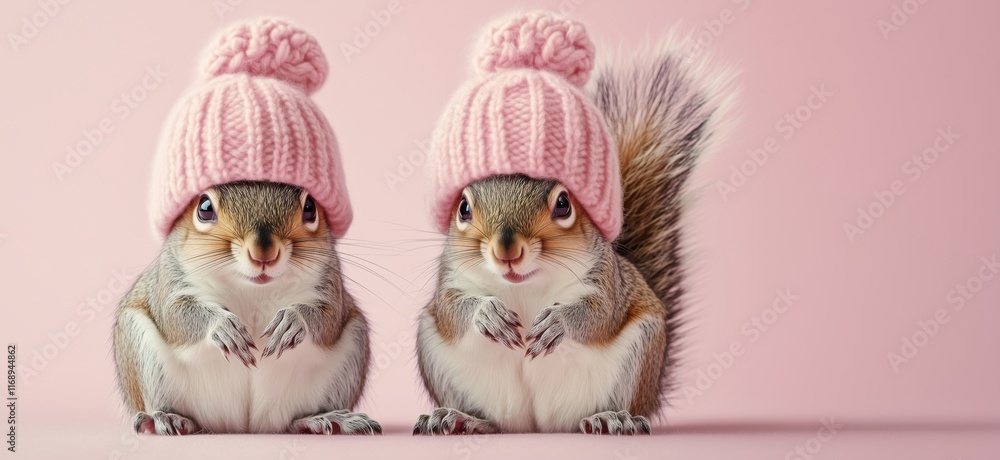 Obraz premium Adorable squirrels wearing pink knitted hats posing cutely against a soft pink background, showcasing their playful nature and charm, copy space for text