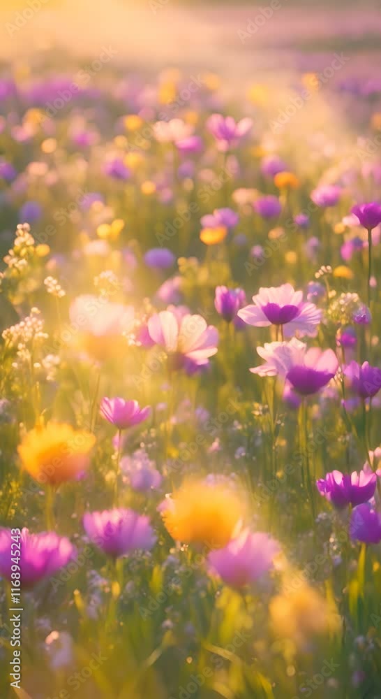 Spring flowers field meadow in sunset lights Field of wild flowers spring colors in the wind swaying close up Concept nature flowers spring biology fauna environment ecosystem 4K vertical Spring flowers field meadow in sunset lights Field of wild flowers spring colors in the wind swaying close up Concept nature flowers spring biology fauna environment ecosystem 4K vertical