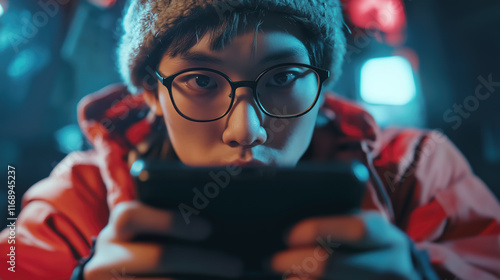 Focused teenager gaming on a smartphone in a vibrant setting