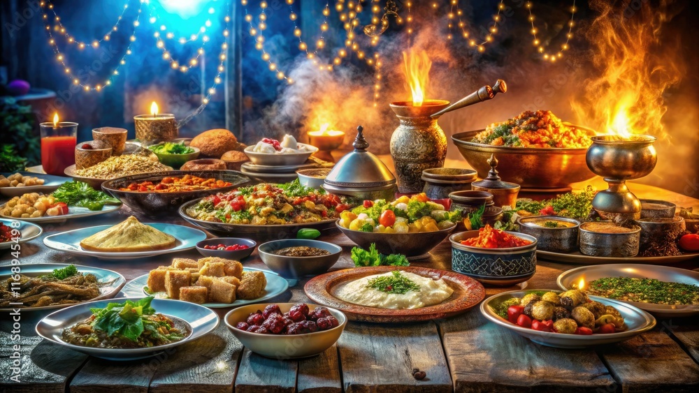 Long exposure reveals a Middle Eastern buffet's alluring glow, a culinary Arabian night. Long exposure reveals a Middle Eastern buffet's alluring glow, a culinary Arabian night.