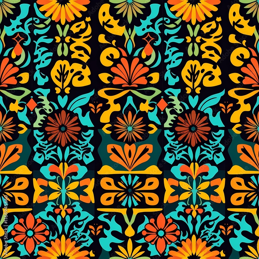 Vibrant Floral Fiesta: A captivating seamless pattern bursts with vibrant colors and intricate floral designs, evoking the energy and spirit of a lively celebration. Perfect for textile prints. Vibrant Floral Fiesta: A captivating seamless pattern bursts with vibrant colors and intricate floral designs, evoking the energy and spirit of a lively celebration. Perfect for textile prints.