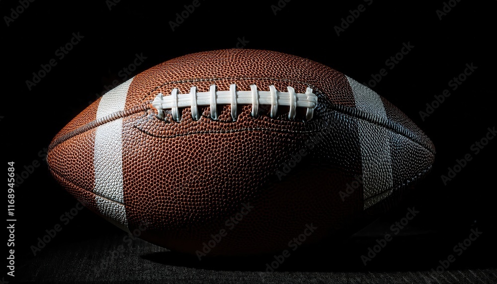 Close-Up of a Traditional American Football with White Laces on a Textured Leather Surface Highlighted Against a Dark Background for Sports Promotion, Training, and Branding Concepts