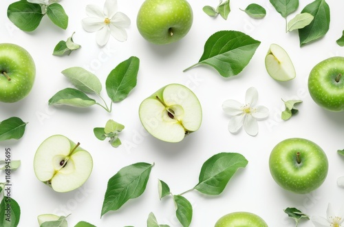 Wallpaper Mural Fresh Green Apples and Leaves Arrangement on Clean White Background with Halved Apple and Blossoms for Healthy Eating, Cooking, and Nutrition Topics Torontodigital.ca