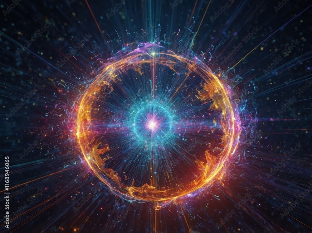 Obraz premium Vibrant visualization of energy in a cosmic sphere surrounded by dynamic, colorful light patterns representing celestial movement and activity