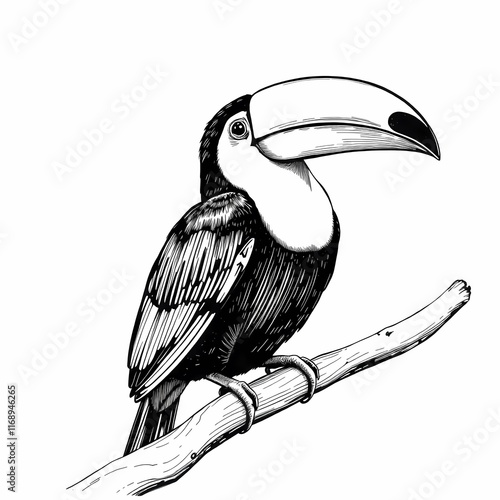 Toucan Illustration: A detailed black and white illustration of a toucan perched on a branch, showcasing its iconic beak in a striking pose.   photo